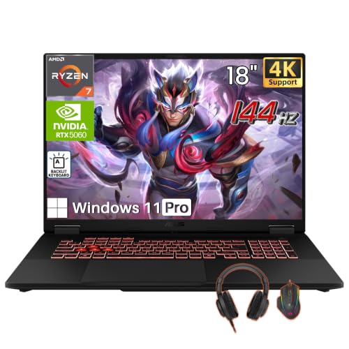 ASUS Ordinateur portable de jeu TUF A18, NVIDIA RTX 5060, 16 Go DDR5, SSD 1 | Prend en charge 4K, AMD XDNA NPU (16 TOPS), AMD Ryzen 7 260, écran 18 FHD 144 Hz, KB rétroéclairé, Win 11 Pro