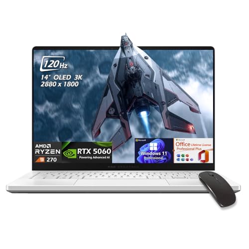 ASUS ROG Zephyrus G14 Ordinateur portable de jeu OLED 3K 120 Hz 500 nits AI, AMD Ryzen 9 270, RTX 5060 8 Go, Win11Pro Office Licence à vie, 16 Go de RAM LPDDR5X 4 To SSD, WiFi7, KB rétroéclairé, blanc