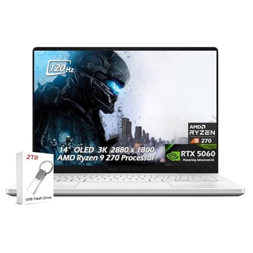 ASUS ROG Zephyrus G14 Ordinateur portable de jeu, 14 OLED 3K 120 Hz 500 nits, AMD Ryzen 9 270, NVIDIA GeForce RTX 5060, Wi-Fi7, KB rétroéclairé, Win11, blanc platine, (16 Go de RAM 2 To SSSD), avec