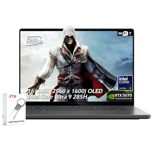 ASUS ROG Zephyrus G16 Ordinateur portable de jeu 16 2,5K OLED 240 Hz, Intel Core Ultra 9 285H, RTX 5070 8 Go, 16 Go LPDDR5X 1 To SSD, Thunderbolt4, Wi-Fi7, Ko rétroéclairé, Win11, gris éclipse, avec