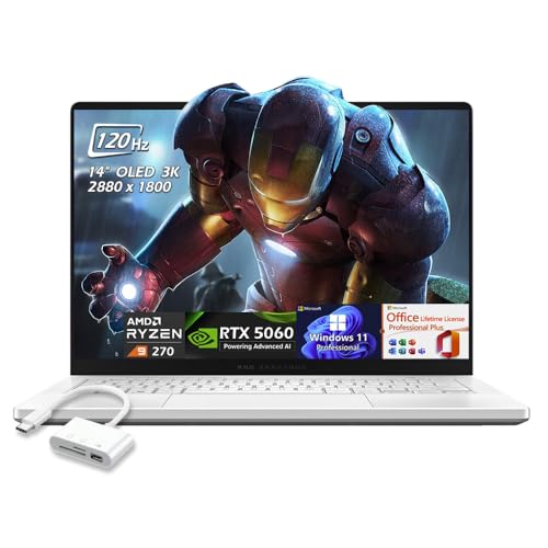 ASUS ROG Zephyrus G14 Ordinateur portable de jeu, écran OLED 3K 120 Hz, AMD Ryzen 9 270, RTX 5060, 16 Go de RAM LPDDR5X 2 To SSD, WiFi7, KB rétroéclairé, licence Win11Pro Office à vie, blanc, hub USB