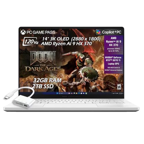 ASUS ROG Zephyrus G14 Ordinateur portable de jeu PC 14 3K OLED 120 Hz Copilot , AMD Ryzen AI 9 HX 370, NVIDIA GeForce RTX 5070Ti, 32 Go de RAM 2 To SSD Wi-Fi7, KB rétroéclairé, Win11, Blanc platine