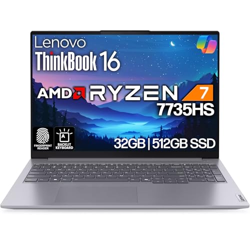 Lenovo ThinkBook 16 G7 Ordinateur portable professionnel, 16 FHD , AMD Ryzen 7 7735HS, 32 Go DDR5, 512 Go NVMe, WiFi 6E BT, KB rétroéclairé, lecteur d'empreintes digitales, webcam HD, Win 11 Pro