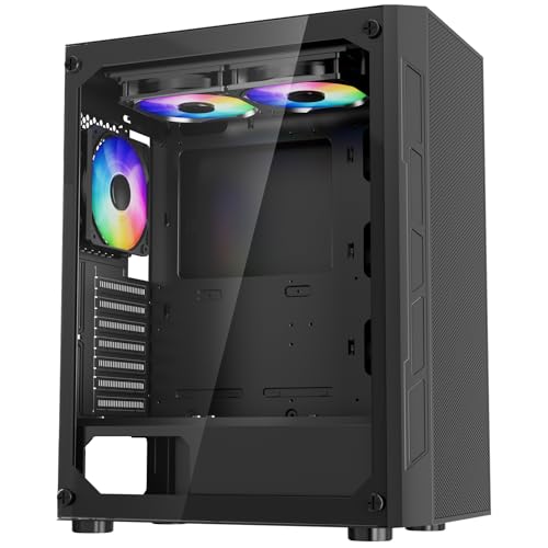 VEVOR Boîtier PC Gamer, Tour Moyenne, avec 3 Ventilateurs ARGB 120 mm, Panneau Verre Trempé Haut Débit d'air, Filtre Anti-poussière, Gestion des Câbles, pour GPU 320 mm Longueur, pour ATX, M-ATX, ITX