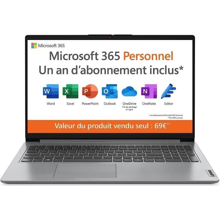 PC Portable LENOVO IdeaPad 1 15IGL7 Windows 11 1 an Office 156 FHD Celeron N4500 RAM 4 Go Stockage 128Go AZERTY
