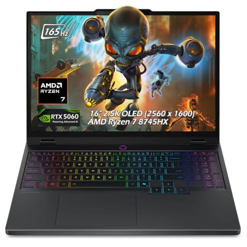Lenovo Legion Pro 5 16ADR10 16 Ordinateur portable, AMD Ryzen 7 8745HX, NVIDIA GeForce RTX 5060, 16 OLED (2560 x 1600) IPS 165 Hz, 64 Go de RAM 4 To NVMe SSD, KB rétroéclairé, Wi-Fi7, Win11, Noir