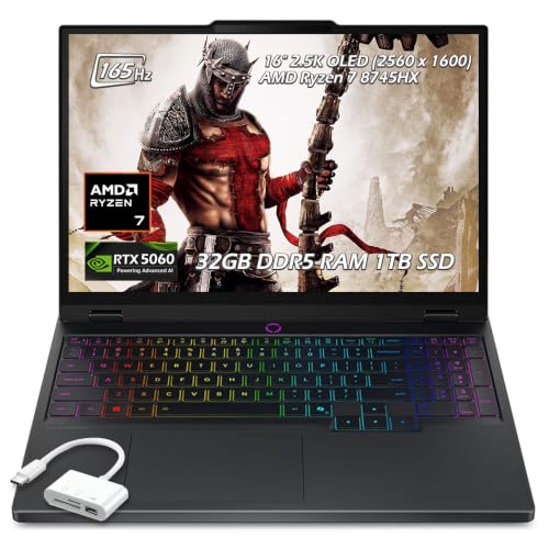 Lenovo Legion Pro 5 Ordinateur portable de jeu, 16 OLED (2560 x 1600) IPS 165 Hz, AMD Ryzen 7 8745HX, NVIDIA GeForce RTX 5060, 32 Go de RAM, 1 To NVMe SSD, KB rétroéclairé, Wi-Fi7, Win11, noir, avec