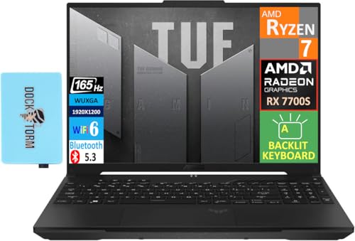 ASUS TUF A16 Ordinateur portable de jeu, écran WUXGA 16 165 Hz (AMD Ryzen 7 7735HS 8 cœurs, 32 Go DDR5 4800 MHz RAM, SSD PCIe 2 To, Radeon RX 7700S, Windows 11 Home) avec concentrateur Dockztorm