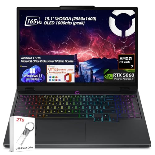 Lenovo Legion 5 Ordinateur portable de jeu OLED WQXGA 165 Hz, AMD Ryzen 7 260 32 Go de RAM 1 To SSD, NVIDIA GeForce RTX 5060, Win11 Pro et Office Licence à vie, Eclipse Black clé USB 2 To, W GaLiMu