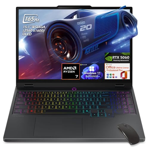 Lenovo Legion 5 Ordinateur portable de jeu, (15 WQXGA OLED 165 Hz, AMD Ryzen 7 260, RTX 5060, 32 Go DDR5 2 To SSD), KB rétroéclairé, WiFi7, Win11 Pro Office Licence à vie, Noir éclipse, avec souris