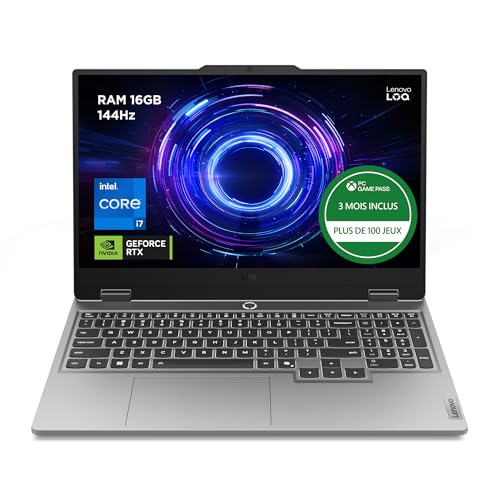 Lenovo LOQ 15IRX10 - Ordinateur Portable Gaming 15.6'' FHD 144Hz (Intel Core i7-13700HX, RAM 16Go, SSD 512Go, NVIDIA RTX 5060 8GB, Windows 11 Home) Clavier rétroéclairé Blanc AZERTY Français - Gris