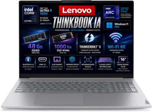 Lenovo ThinkBook Ordinateur Portable IA, Intel Ultra 9 185H, RAM 48Go DDR5, SSD 1To, Écran 16 FHD, Thunderbolt 4, Windows Hello, Aluminium, Empreinte Digitale, Clavier AZERTY Rétroéclairé, Win11 Pro
