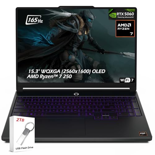 Lenovo Legion 5a Ordinateur portable de jeu 15,3 AMD Ryzen 7 250, RTX 5060, 16 Go de RAM DDR5 1 To SSD, 15,3 WQXGA (2560 x 1600) OLED 165 Hz, Ko rétroéclairé, Wi-Fi7, Win11, Eclipse Black, avec clé