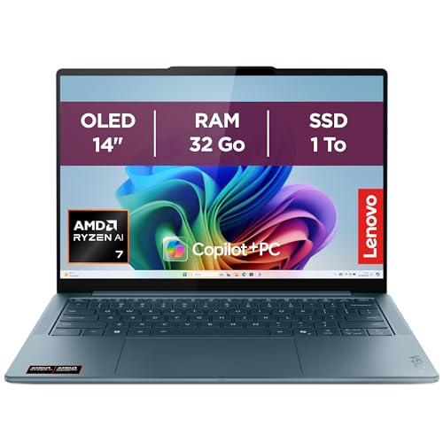 Lenovo Yoga Slim 7 14AKP10 - Ordinateur Portable 14'' OLED Copilot (AMD Ryzen AI 7 350, RAM 32Go, SSD 1To, AMD Radeon 860M Graphics, Windows 11 Home) Clavier rétroécl. AZERTY Écouteurs - Tidal Teal