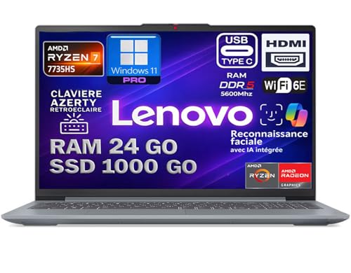 Lenovo Ordinateur Portable AMD Ryzen 7 7735HS 4.75Ghz, RAM 24Go DDR5, SSD 1To NVMe, Copilot IA, Écran 15.3” FHD IPS, WiFi6E, Caméra FHD, Reconnaissance faciale, Clavier AZERTY rétroéclairé, Win11 Pro