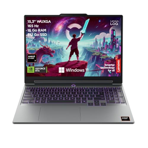 Lenovo LOQ 15AHP11 - Ordinateur Portable Gaming 15.3'' WUXGA (AMD Ryzen 7 250, RAM 16Go, SSD 512Go, NVIDIA RTX 5050 6GB) Clavier 1 Zone rétroéclairé AZERTY Français - Gris Lunaire