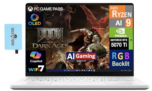 ASUS ROG Zephyrus AI Ordinateur portable de jeu 14 120 Hz OLED 2,8K (AMD Ryzen AI 9 HX 370, GeForce RTX 5070 Ti 12 Go, 32 Go LPDDR5X, 4 To PCIe SSD, RGB KB, Win 11 Pro) avec concentrateur Dockztorm