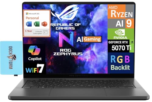 ASUS ROG Zephyrus G14 AI Ordinateur portable de jeu 14 120 Hz 2,8K Écran (AMD Ryzen AI 9 HX 370, GeForce RTX™ 5070 Ti 12 Go, 32 Go LPDDR5X, 2 To SSD, Win 11 Pro) avec Microsoft 365 Personal
