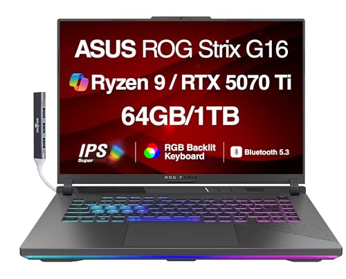 ASUS ROG Strix G16 G614 AI Ordinateur portable de jeu 16 165 Hz IPS WUXGA (AMD Ryzen 9 8940HX, GeForce RTX 5070 Ti 12 Go, 64 Go DDR5, SSD PCIe 1 To, RGB KB, Win 11 Pro) avec concentrateur USB DKZ