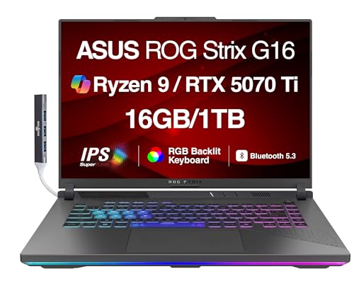 ASUS ROG Strix G16 G614 AI Ordinateur portable de jeu 16 165 Hz IPS WUXGA (AMD Ryzen 9 8940HX, GeForce RTX 5070 Ti 12 Go, 16 Go DDR5, SSD PCIe 1 To, RGB KB, Win 11 Pro) avec concentrateur USB DKZ