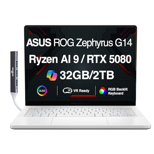 ASUS ROG Zephyrus G14 AI Ordinateur portable de jeu 14 120 Hz OLED 2,8 K (AMD Ryzen AI 9 HX 370, GeForce RTX 5080 16 Go, 32 Go LPDDR5X, 2 To PCIe SSD, RGB KB, Win 11 Pro) avec extension de port USB