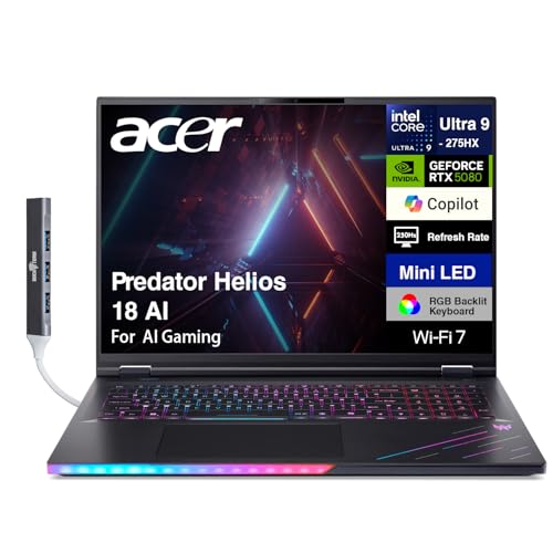 acer Predator Helios 18 AI Ordinateur portable de jeu 18 250 Hz 1000 nits Mini-LED WQXGA (Intel Ultra 9-275HX, GeForce RTX 5080 16 Go, 128 Go DDR5, 2 To SSD, 2 Thunderbolt 5, Win 11 Pro) avec