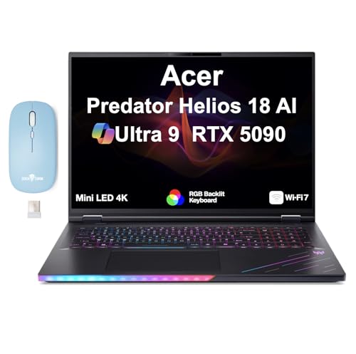 Acer Predator Helios 18 AI Ordinateur portable de jeu 18 120 Hz Mini écran LED 4K (Intel Ultra 9-275HX, GeForce RTX 5090 24 Go, 128 Go DDR5, 2 To PCIe SSD, RGB KB, 2 Thunderbolt, Win 11 Pro) avec