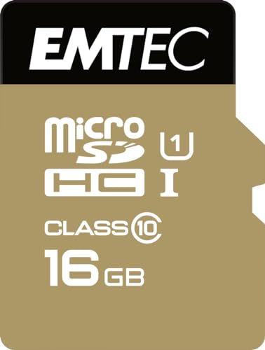 EMTEC ECMSDM16GHC10GP - Carte microSD - Classe 10 - Gamme Elite Gold - UHS-I U1 - Avec adaptateur Performance - Vitesse de lecture jusqu'à 85MB s -Noir Or - 16 Gb