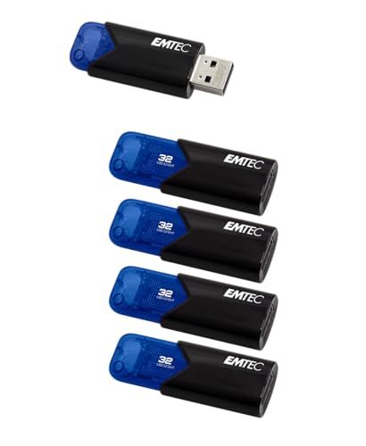 EMTEC - Lot de 5 Clés USB 2.0 Click Easy B110 32 Go - Plastique - Mécanisme rétractable - Stockage de données, Transfert de fichiers, Informatique - Bleu