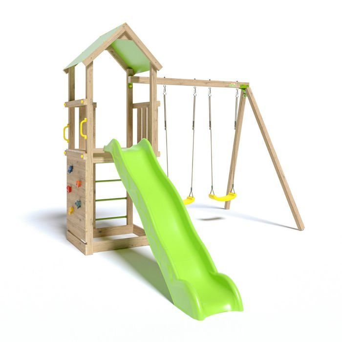 TRIGANO Aire de jeux en bois SMART XPERIENCE - 2 balancoires 1 toboggan 1 mur descalade - 7 enfants
