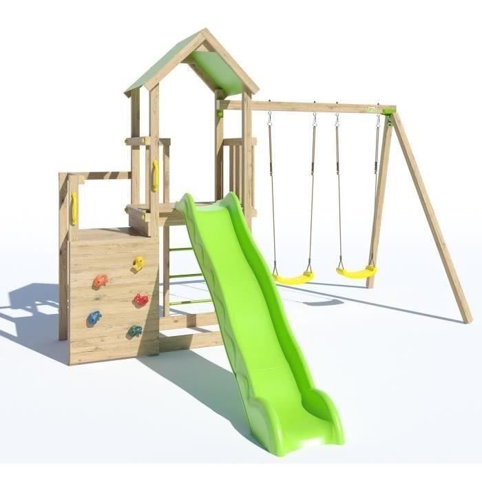 TRIGANO Aire de jeux en bois 220 m ULTRA XPERIENCE - Mur descalade toboggan et balancoires - 8 enfants