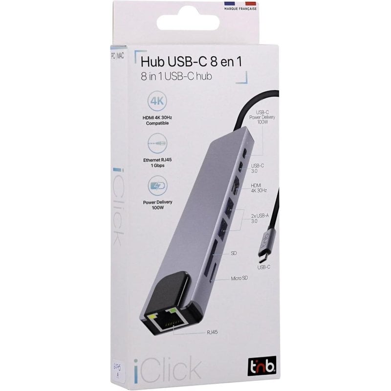 TNB Hub USB-C T'nB iClick 8 en 1 Aluminium HDMI 4K USB 3.0 Power Delivery