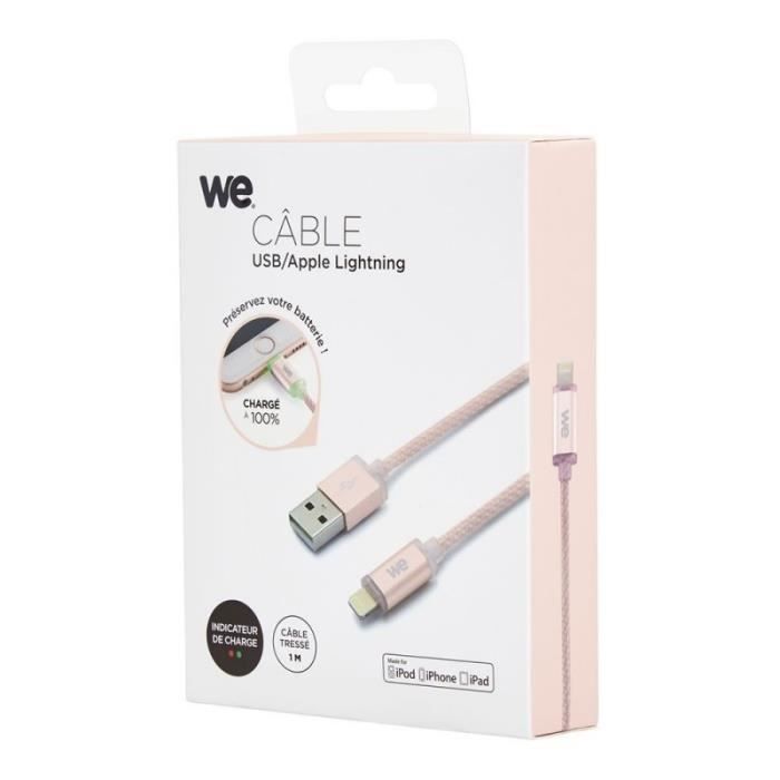 Cable USB Lightning Compatible avec iPhone nylon LED 1m coloris OR ROSE LED Red = en charge LED verte = charge
