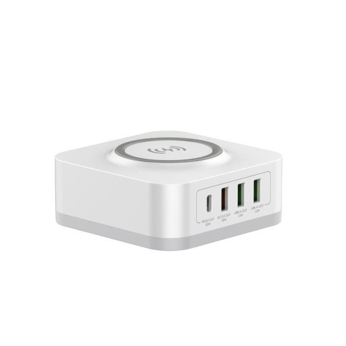 Chargeur secteur WE 3 Port USB A 1 Port USB-C 1 socle charge sans-fil Total 32W Power Delivery QC 3.0 coloris White.