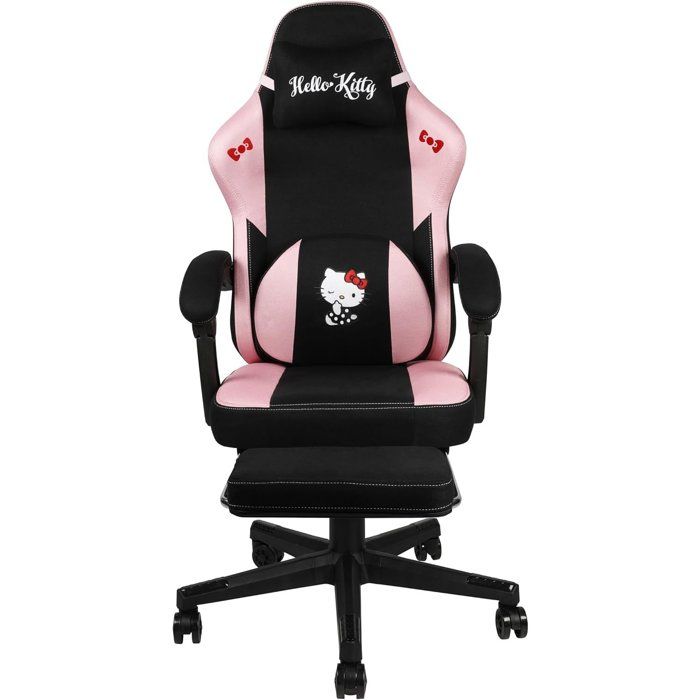 Chaise de Bureau Gaming KONIX Hello Kitty Inclinaison siege 150A� Revetement Tissu Coussin Repose pieds Black et rose
