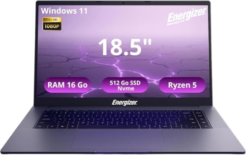 Energizer EnergyBook Pro 18,5 PC Portable - Grand Écran FHD IPS, AMD Ryzen 5, 16Go RAM, 512Go SSD, Windows 11 - Clavier AZERTY Français - Ordinateur Portable Multitâche, Gris