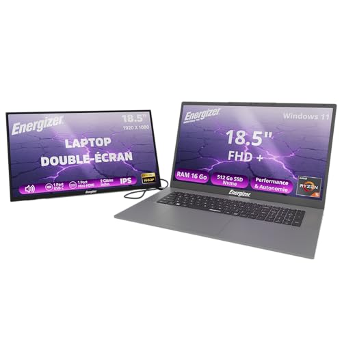 Energizer PACKCONFORT Pro 18 - PC Portable 18,5 HD AMD Ryzen 5 3.7GHz 16Go RAM, 512Go SSD Nvme Vega 8, Windows 11, AZERTY Écran LCD 18,5 LCD Full HD 100Hz Laptop Double-écran