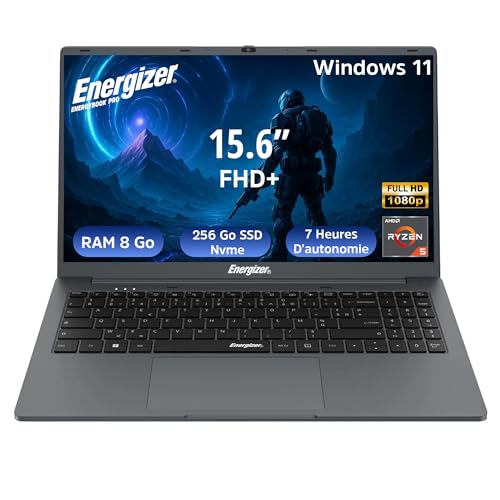 Energizer EnergyBook Pro 15,6 PC Portable - Écran FHD IPS, AMD Ryzen 5, 8Go RAM, 256Go SSD, Windows 11 - Clavier AZERTY Français - Ordinateur Portable Bureautique, Gris