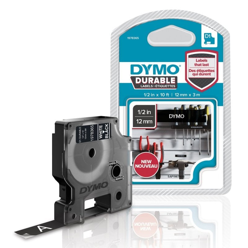 Dymo D1 - Durable Étiquettes - Branco sobre preto - 12mm x 3m