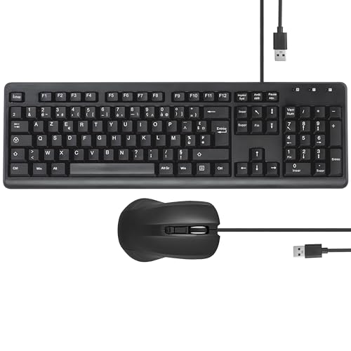APM Ensemble Clavier et Souris Filaires AZERTY Français, 105 Touches et Pavé Numérique, Ergonomique, Câble USB de de 1,8 m, Pack Bureautique pour PC, Portable, Ordinateur Windows, Mac, Noir, 100040