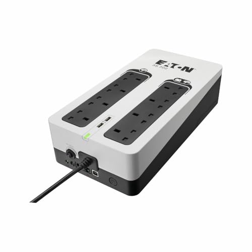 Eaton Onduleur 3S 700B - Alimentation Hors Ligne sans Interruption - 3S700B - 700 VA (8 Prises BS, 2 Ports USB Type-A, Silencieux, Logiciel d'arrêt) - Interface USB (câble Inclus) - Noir et Blanc