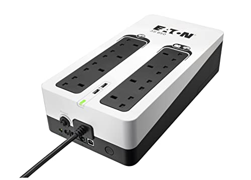 Eaton Onduleur 3S 850B - Alimentation Hors Ligne sans Interruption - 3S850B - 850VA (8 Prises BS, 2 Ports USB Type-A, Silencieux, Logiciel d'arrêt) - Interface USB (câble Inclus) - Noir et Blanc