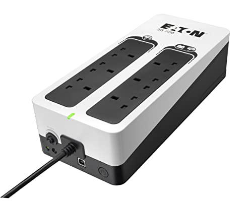 Eaton 3S 550B UPS – Alimentation sans Interruption Hors Ligne – 3S550B – 550 VA (6 Prises BS, USB, Silencieux, Logiciel d'arrêt) – Interface USB (câble Inclus) – Noir et Blanc