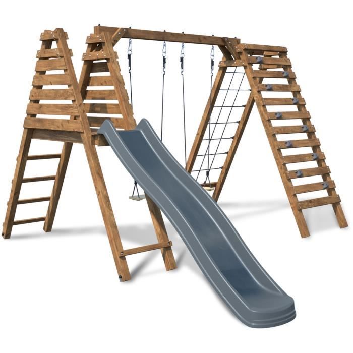 Aire de jeux en bois - SOULET - ISIS - 2 agres toboggan filet et mur descalade