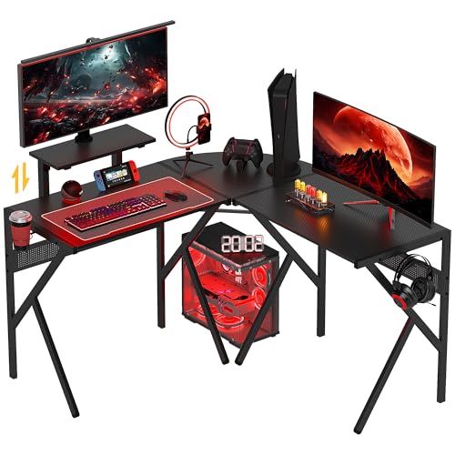HOMCOM Bureau Gaming Bureau d'angle Bureau Gamer 125 x 125 cm en Forme de L avec Plateau en Fibre de Carbone, Support d'écran Porte-gobelet et Crochet pour Casque, Noir