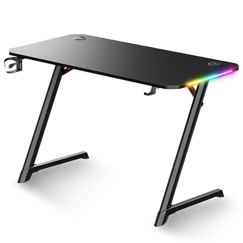 SUZA INT L FRANCE Bureau Gaming HEADQUARTER 250, 120 x 60 cm, LED RGB 8 Modes, Support Casque, Porte-gobelet, Design en Z, Noir avec Effet Carbone