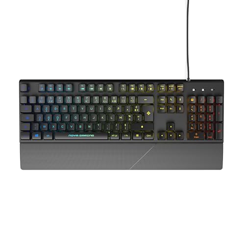 NOVA GAMING – AURIGA – Clavier Gaming à Membrane Filaire USB avec repose poignets – Clavier Gamer, Rétroéclairage RGB dynamique, 104 touches, Antighosting AZERTY Français – Noir