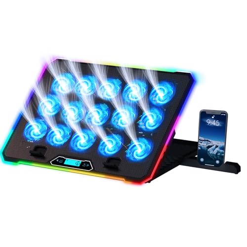 KLIM V15 Refroidisseur PC Portable 15 Ventilateurs RGB Ventilateur PC Portable Support Pc Portable Gaming 10-17 Pouces 2 Ports USB Porte-Smartphone Protection 5 Ans