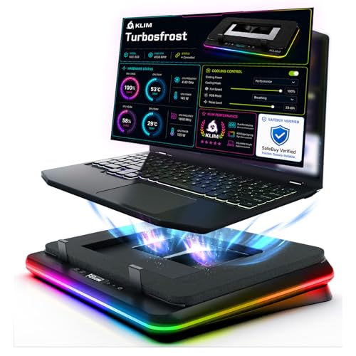 KLIM Turbofrost Refroidisseur PC Portable 4 Turbo Ventilateurs - 4x4000 RPM, 4 Ports USB, RGB Dynamique, 2 Modes d'alimentation USB-C DC, Mousse Isolante - Support Ventilé PC Portable 14-17in - Noir
