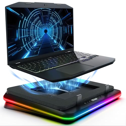 KLIM Turbofrost Refroidisseur PC Portable 4 Turbo Ventilateurs - 4x4000 RPM, 2 Modes d'alimentation USB-C DC, RGB Dynamique, 4 Ports USB, Mousse Isolante - Support Ventilé PC Portable 14-17in - Noir